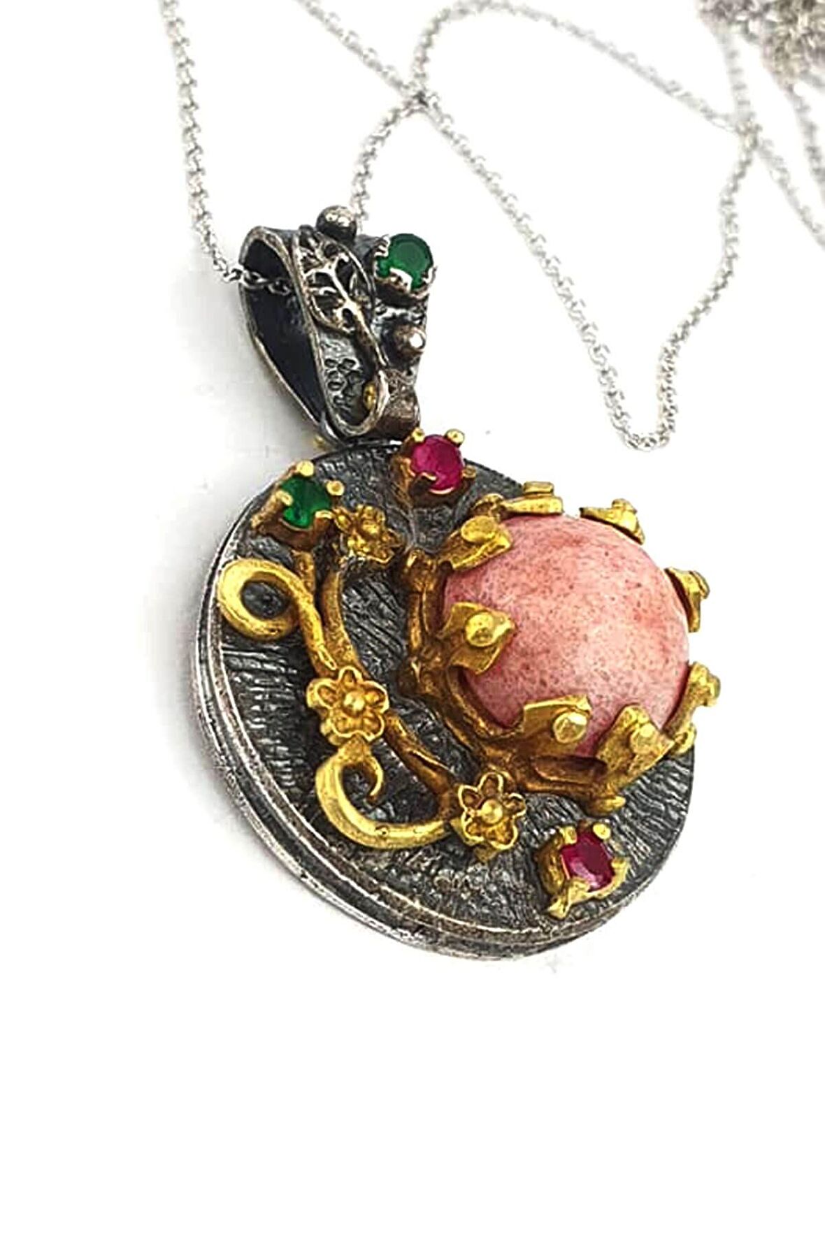 Mercan taşlı 925 ayar gümüş tasarım el işi lüks kolye 