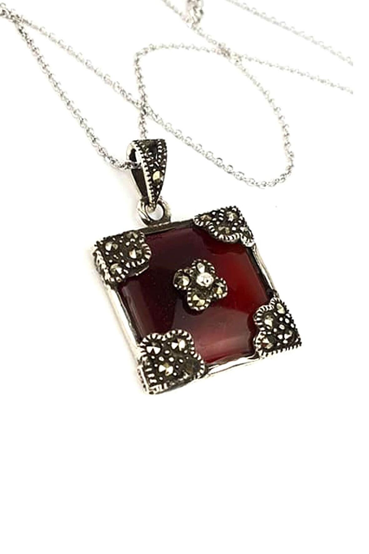 Akik taşlı markazit taş detaylı 925ayar gümüş kolye