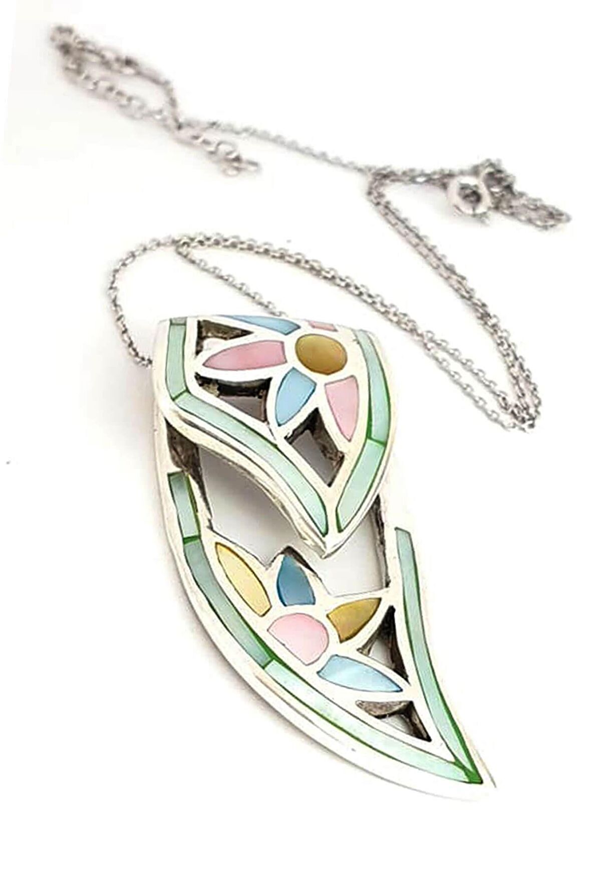 Renkli sedef taşlı 925 ayar gümüş tasarım kolye 