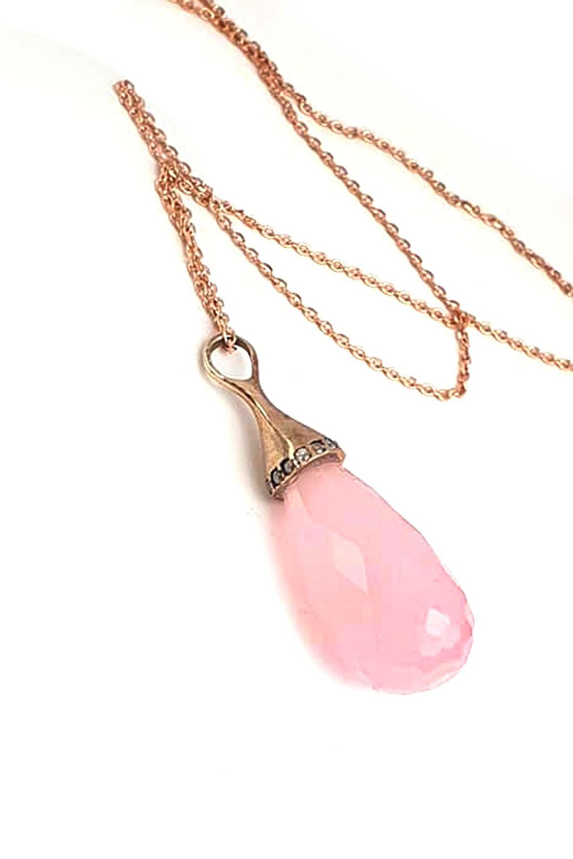 Faset kesim 925 ayar gümüş rose doğal pembe kuvars taşlı kolye