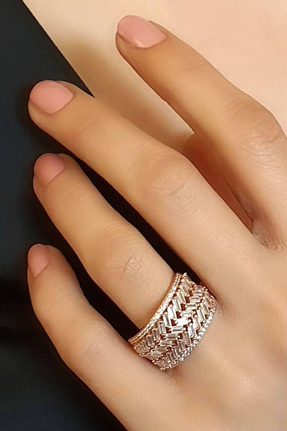 baget kesim zirkon taşlı 925 ayar gümüş rose lüks yüzük