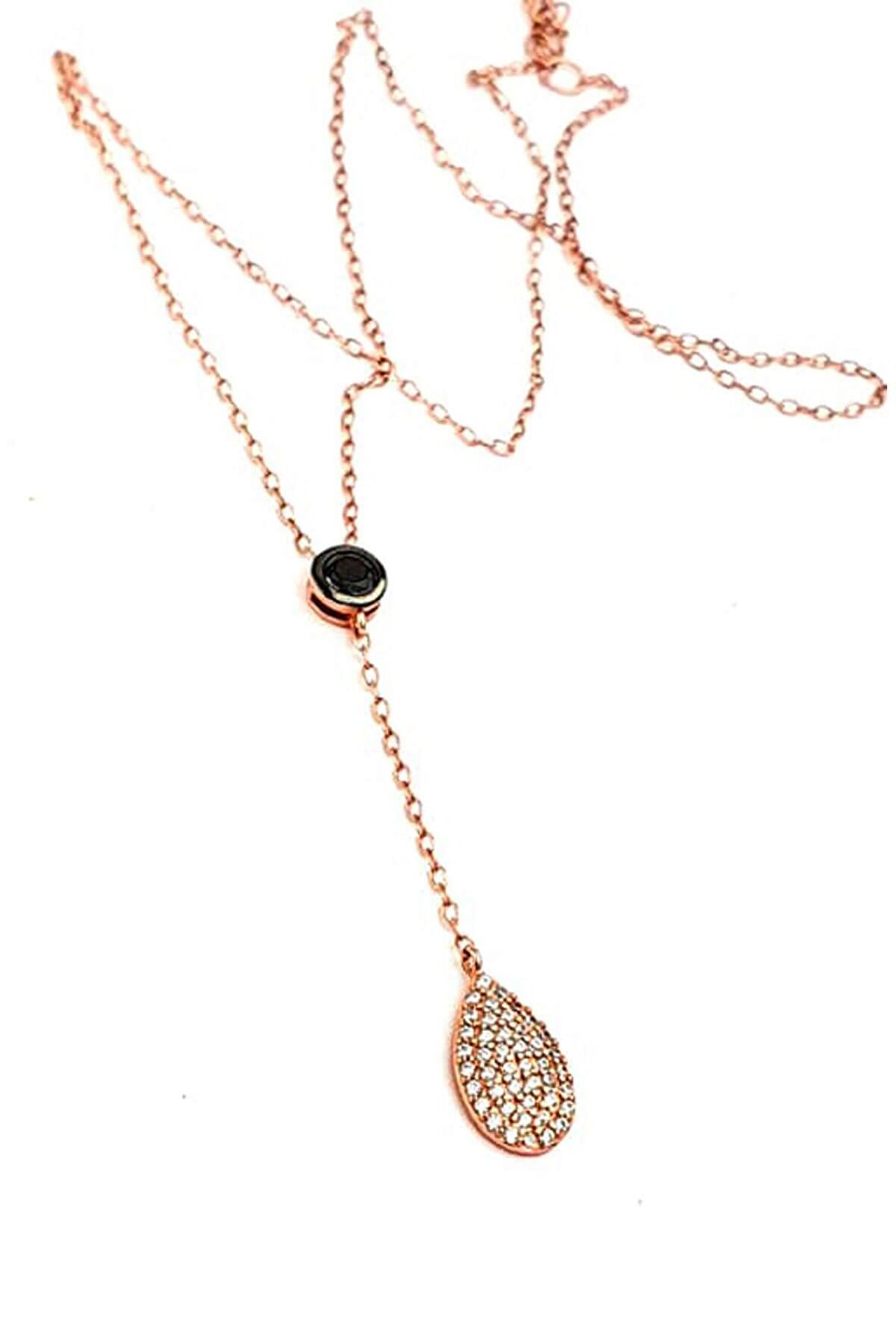 Oniks zirkon taş detaylı 925 ayar gümüş rose kolye 