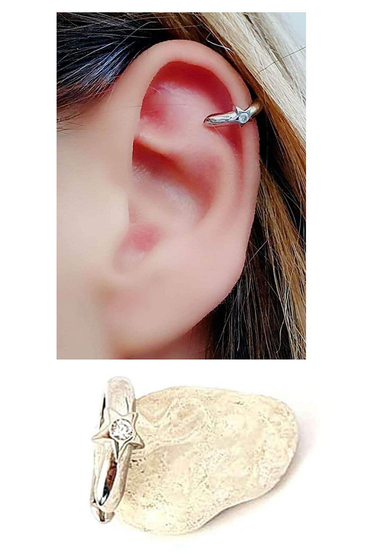 Zirkon taşlı yıldız figürlü 925ayar gümüş sıkıştırmalı kıkırdak küpesi 