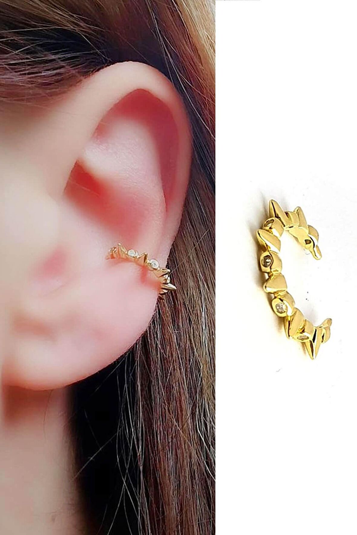 Zirkon taş detaylı 925 ayar gümüş üzerine altın kaplama sıkıştırmalı kıkırdak küpesi