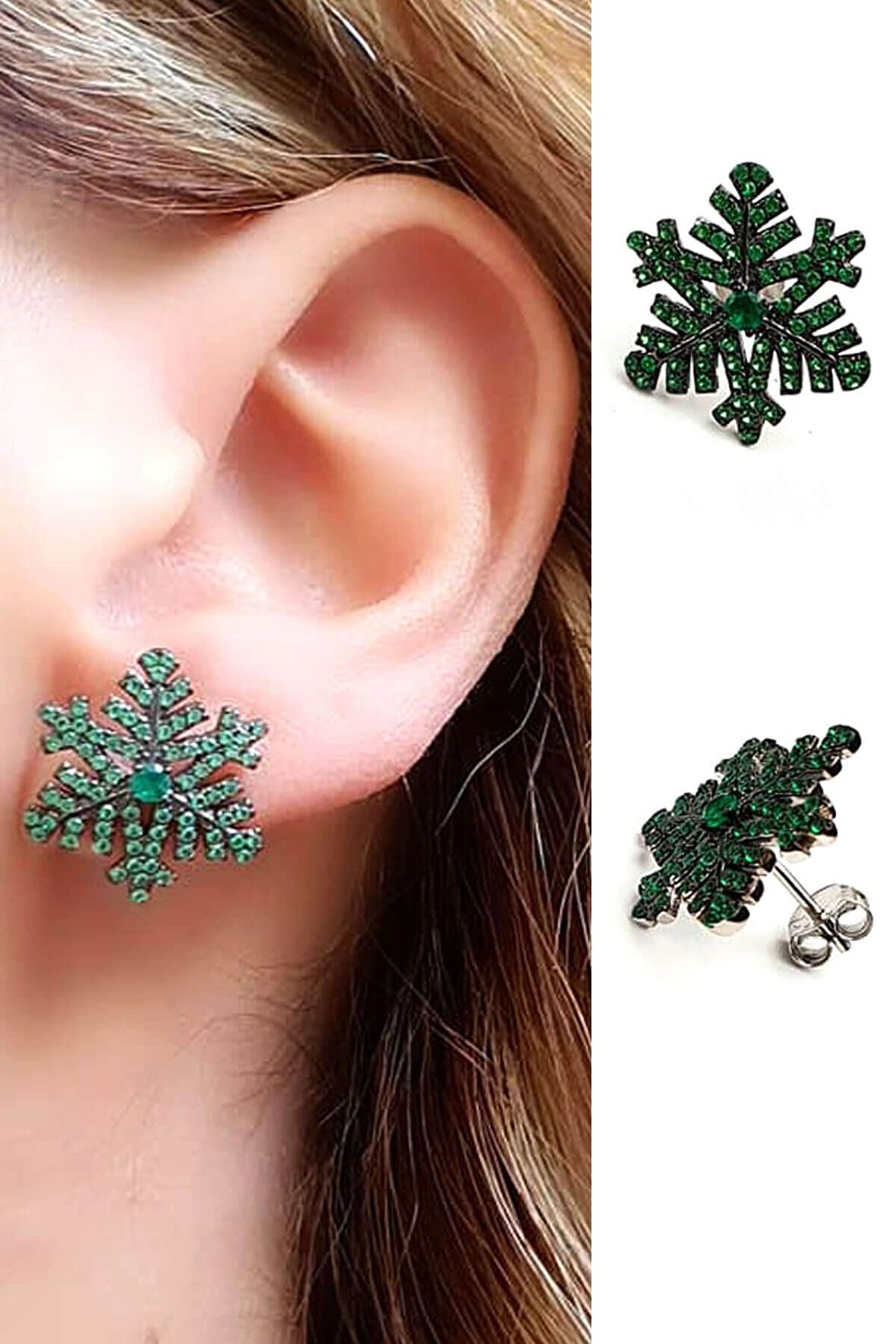 Yeşil zirkon taşlı 925 ayar gümüş kar tanesi küpe