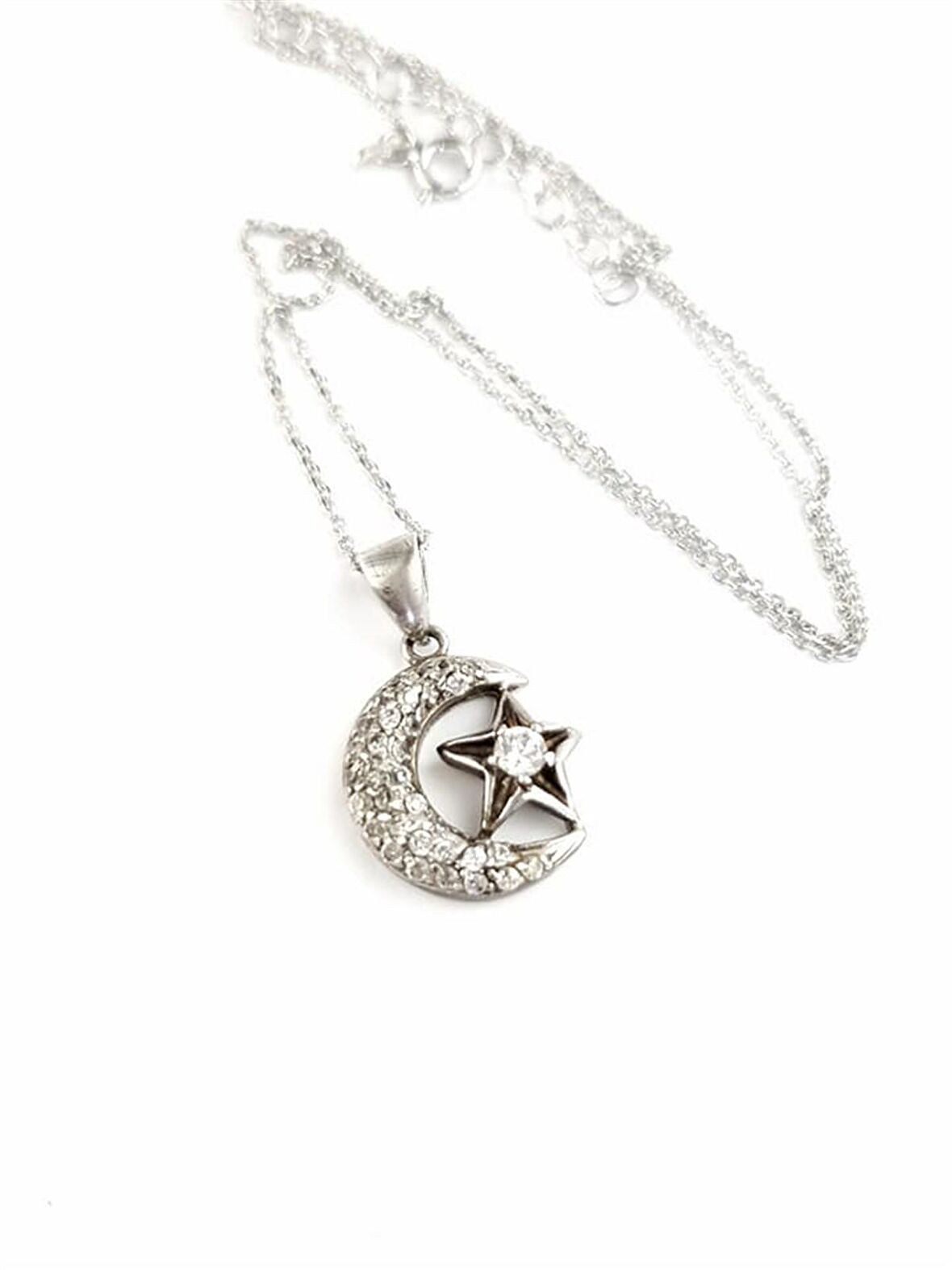 Ay yıldız figürlü zirkon taş detaylı 925 ayar gümüş kolye 