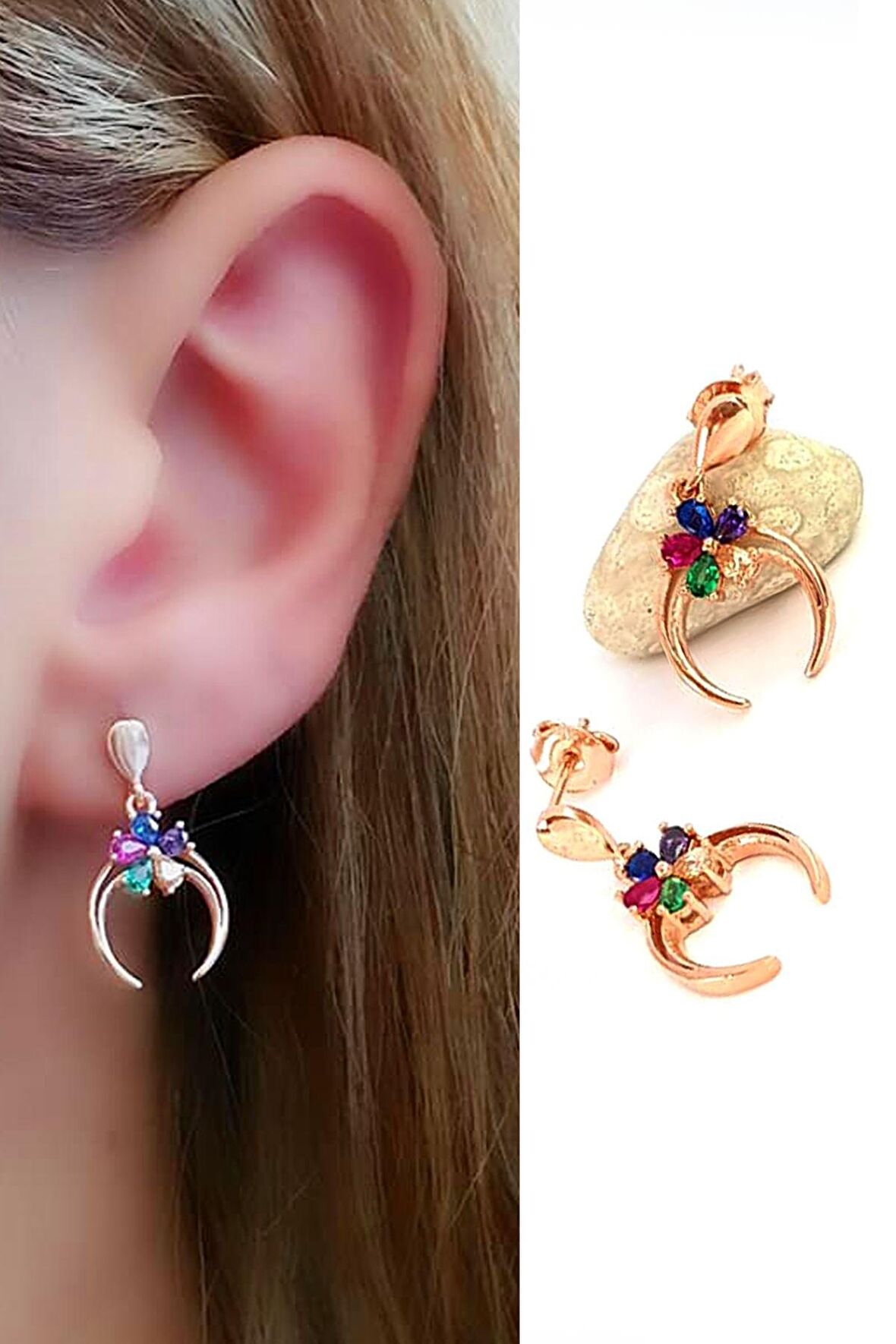 Renkli zirkon taşlı çiçek figürlü 925 ayar gümüş rose  hilal küpe