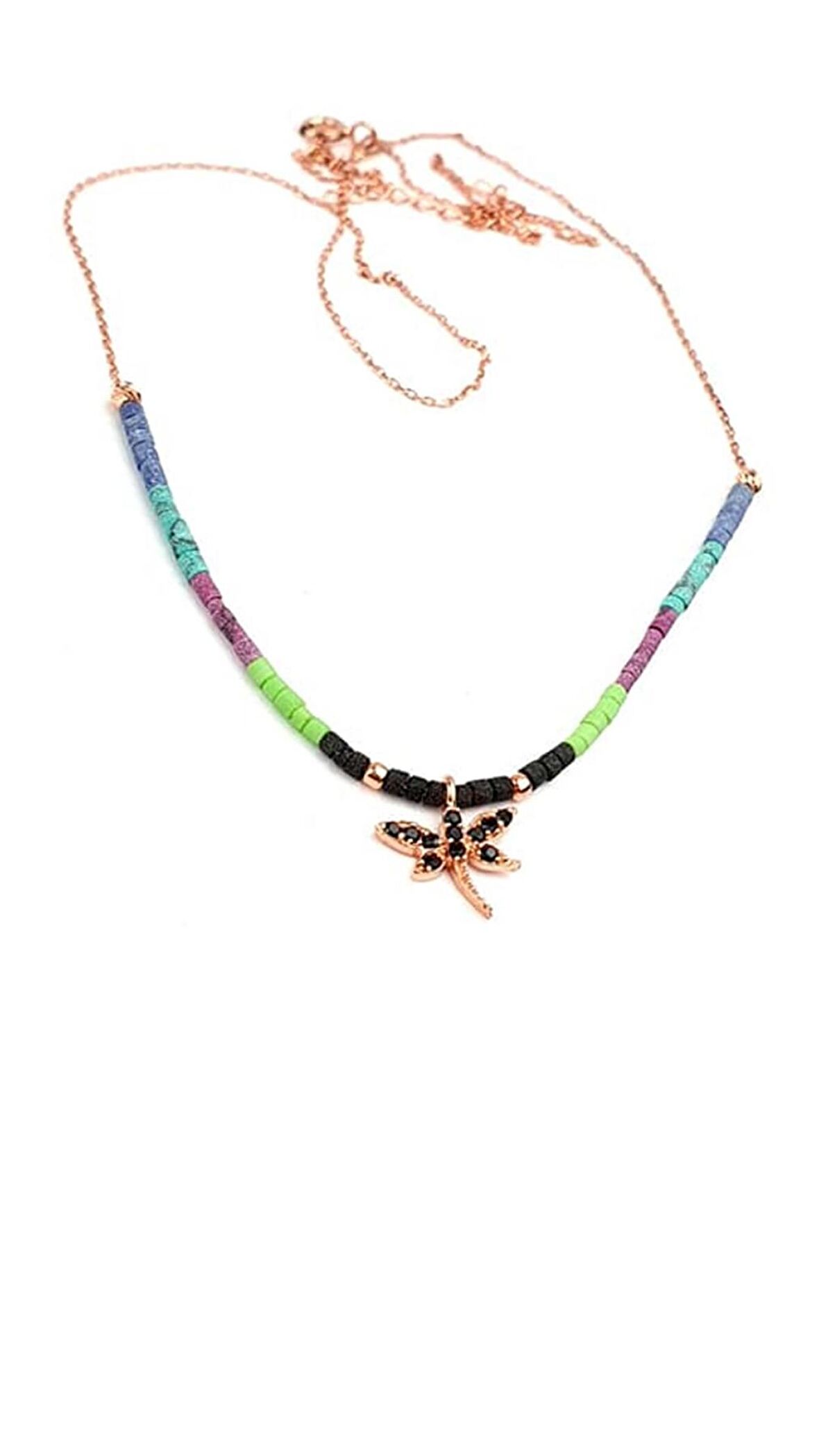 Yusufçuk figürlü renkli doğal taşlı 925 ayar gümüş miyuki kolye