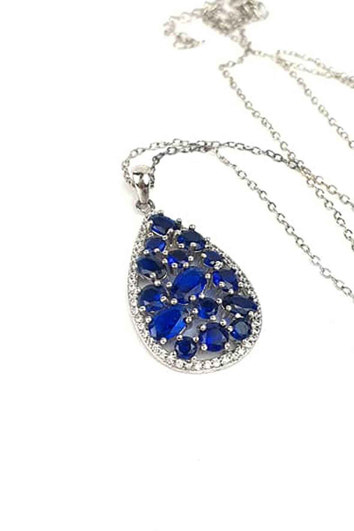 Lacivert zirkon taşlı 925 ayar gümüş damla kolye