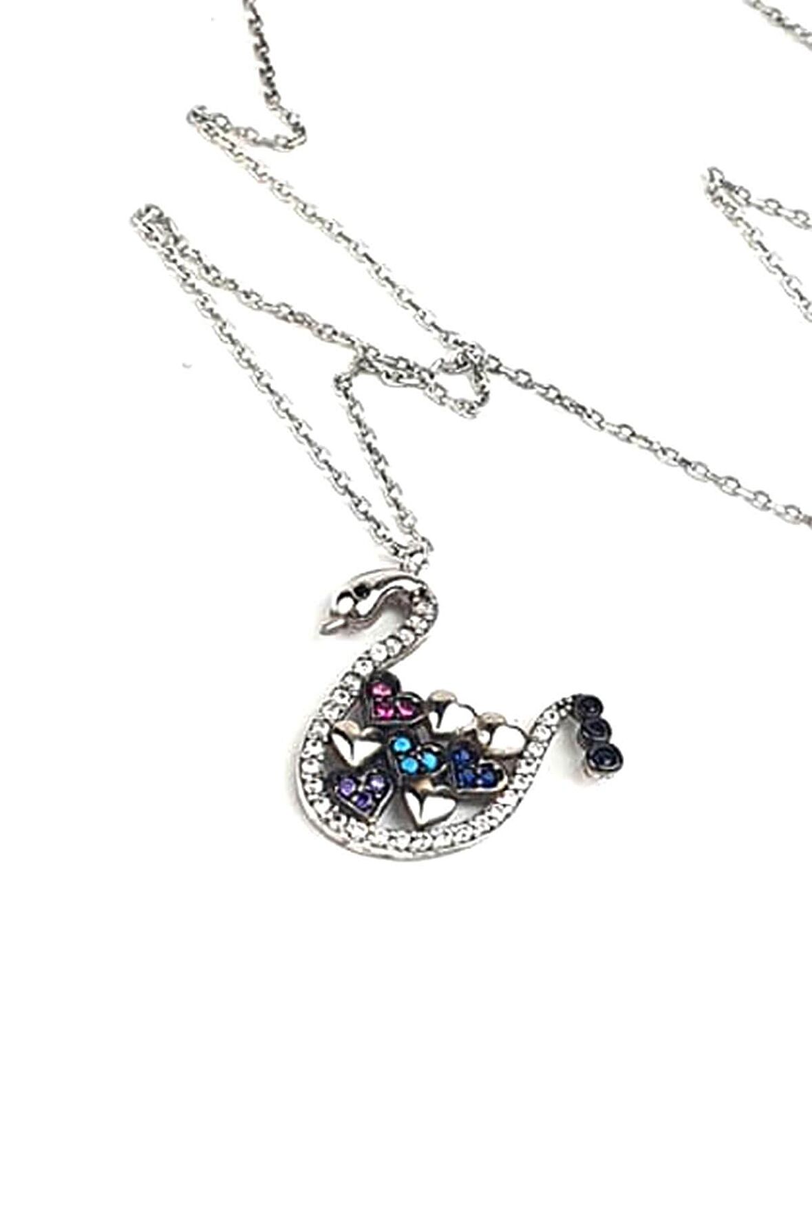 Renkli taşlı 925 ayar gümüş kuğu kolye