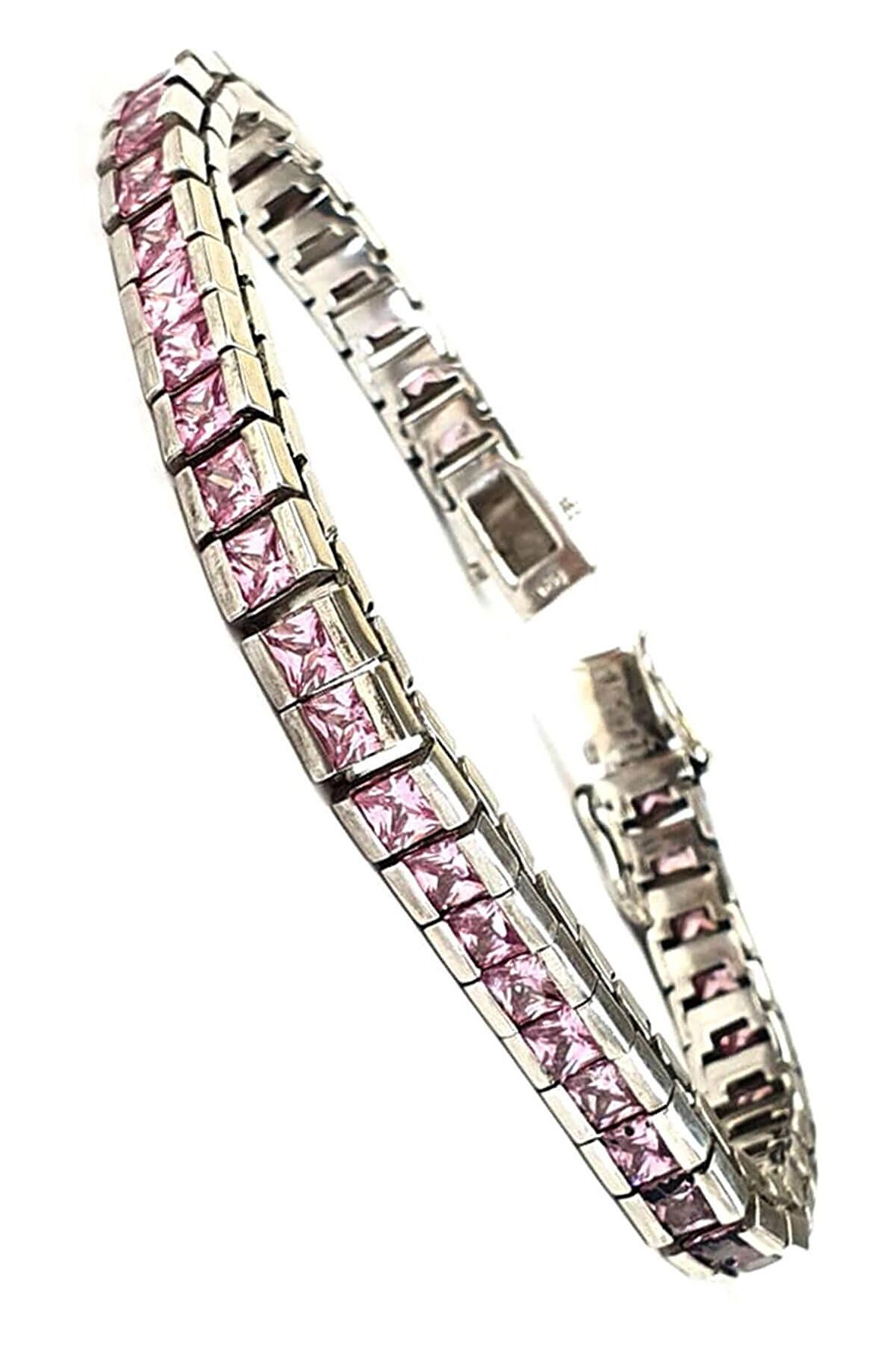 Pembe zirkon taşlı italyan 925 ayar gümüş su yolu lüks bileklik