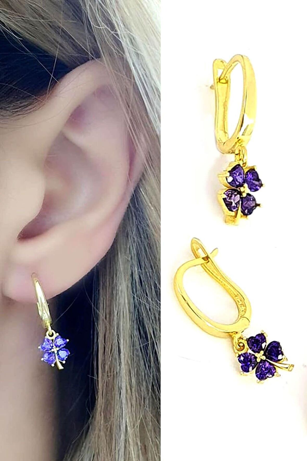 Ametist taşlı 925 ayar gümüş üzerine altın kaplama yonca küpe 