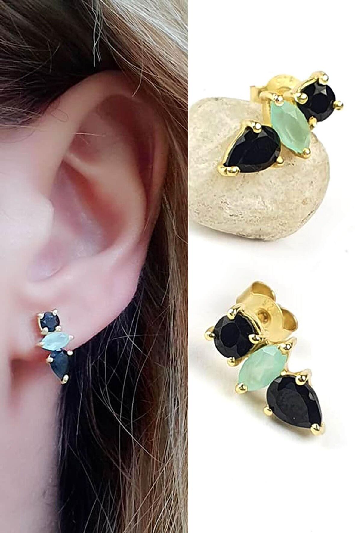 Kalsedon ve oniks taşlı 925ayar gümüş üzerine altın kaplama tasarım küpe 