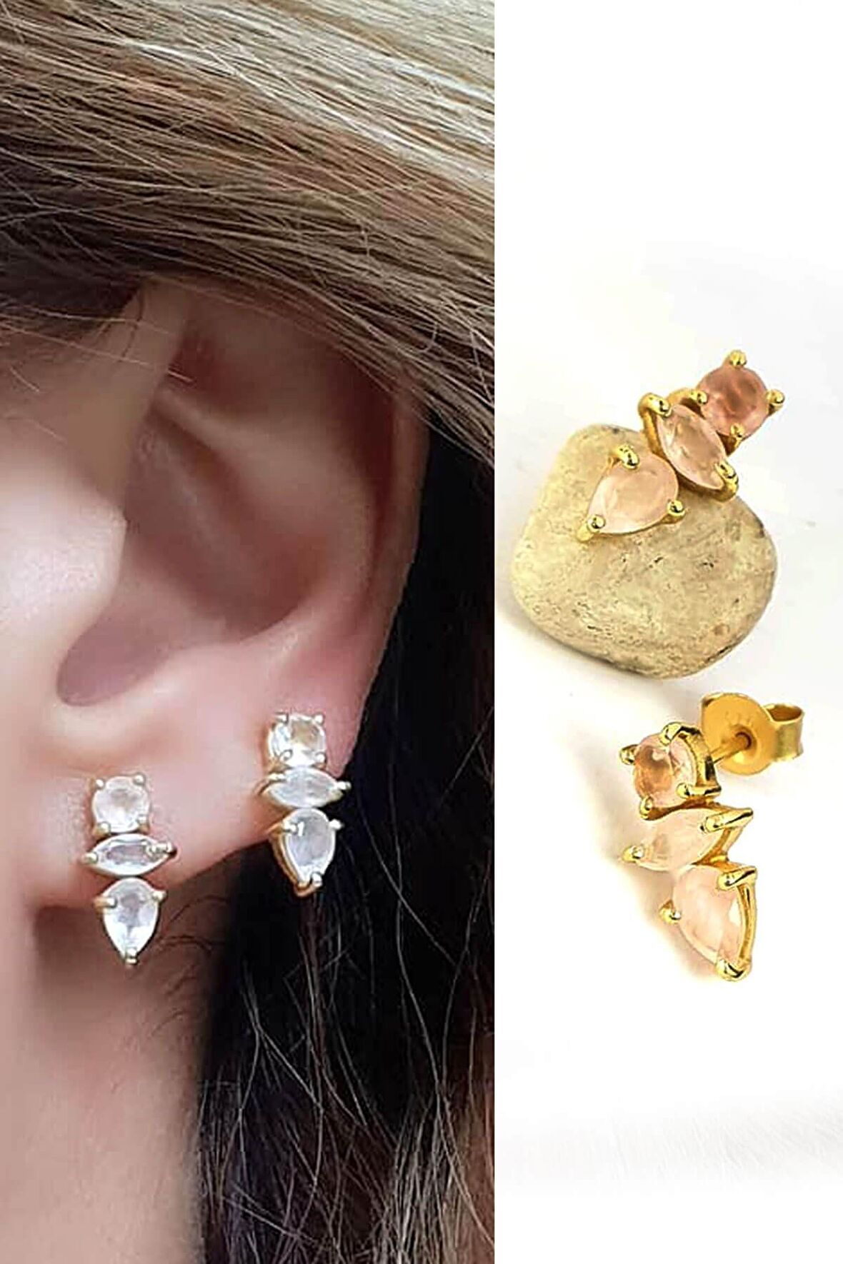 Pembe kuvars taşlı 925ayar gümüş üzerine altın kaplama tasarım küpe