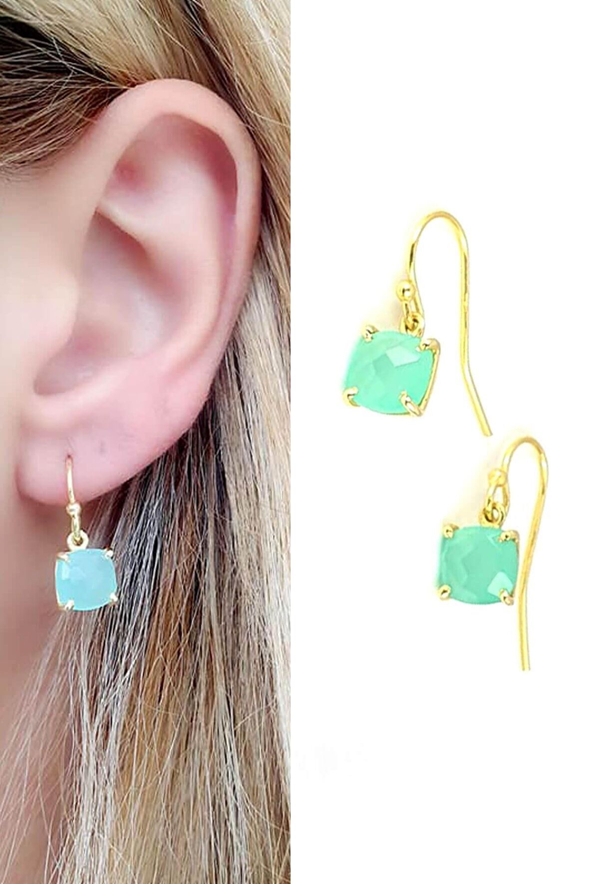 kalsedon taşlı 925ayar gümüş üzerine altın kaplama tasarım küpe  