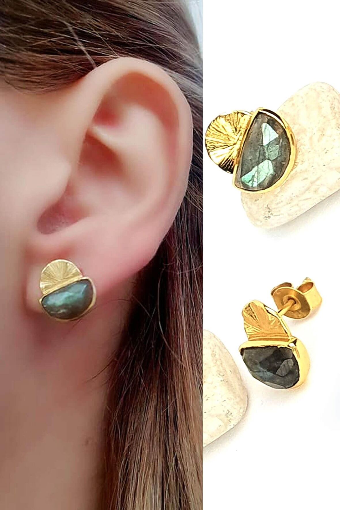 labrodorite taşlı 925 ayar gümüş üzerine altın kaplama tasarım küpe