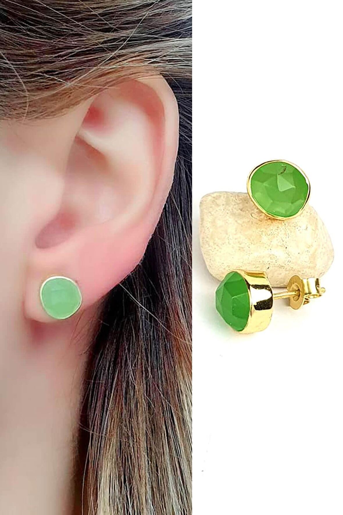 Kalsedon taşlı 925ayar gümüş üzerine altın kaplama tasarım küpe