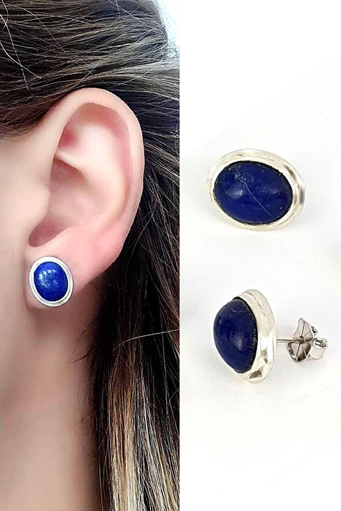 Lapis lazuli taşlı 925ayar gümüş tasarım el işi oval küpe 