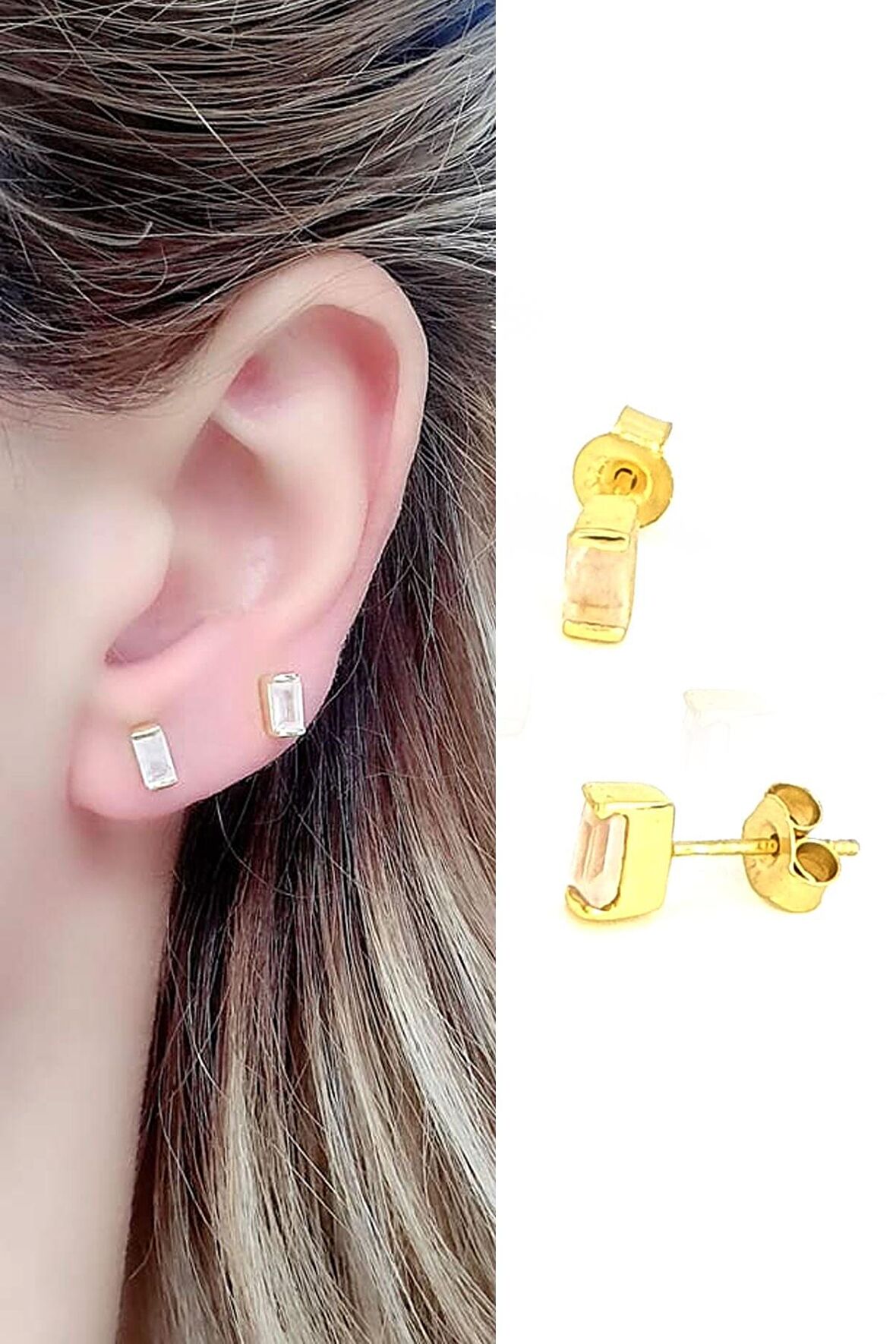 pembe kuvars taşlı 925ayar gümüş üzerine altın kaplama minimal küpe