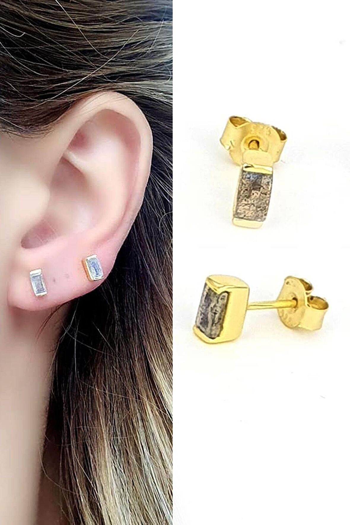 rutil kuvars taşı  925ayar gümüş üzerine altın kaplama minimal küpe