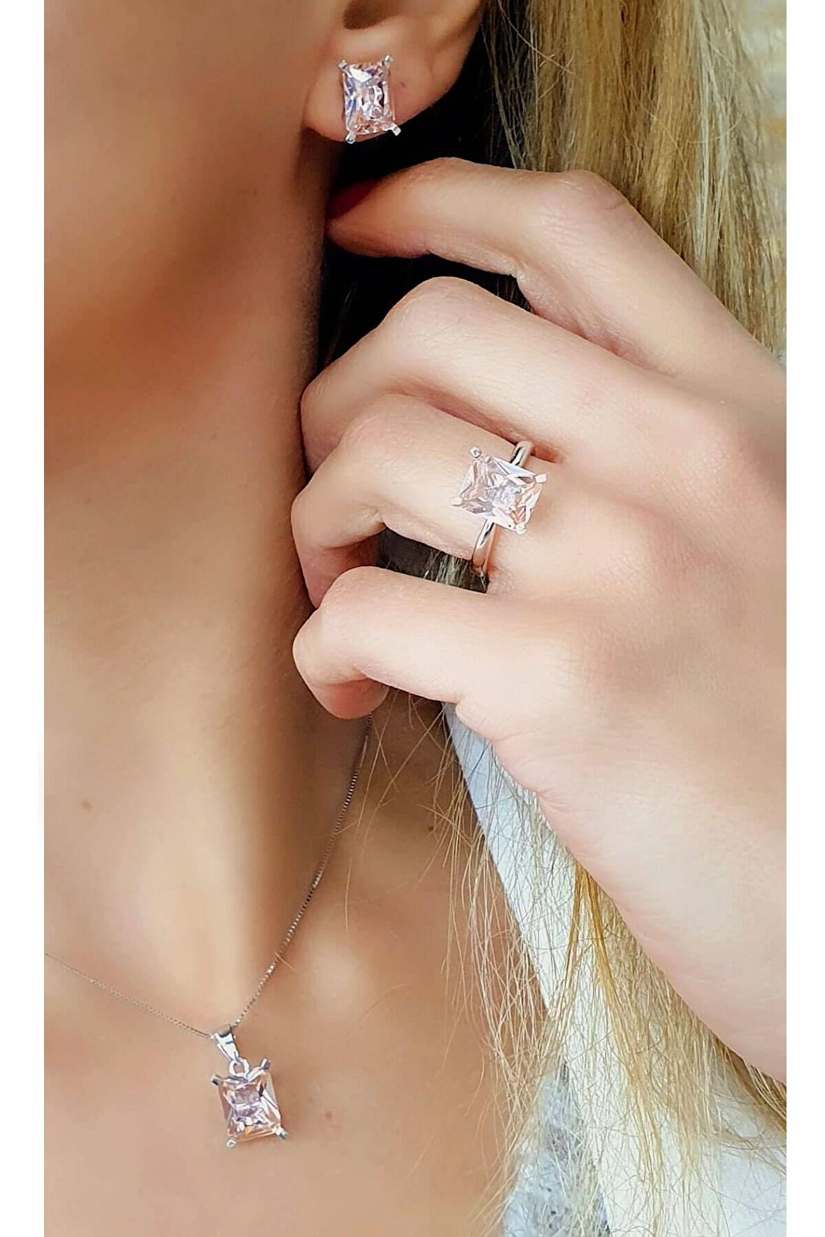 Sky Diamond Pink Morganit Taşlı 925 ayar Gümüş Lüks Set