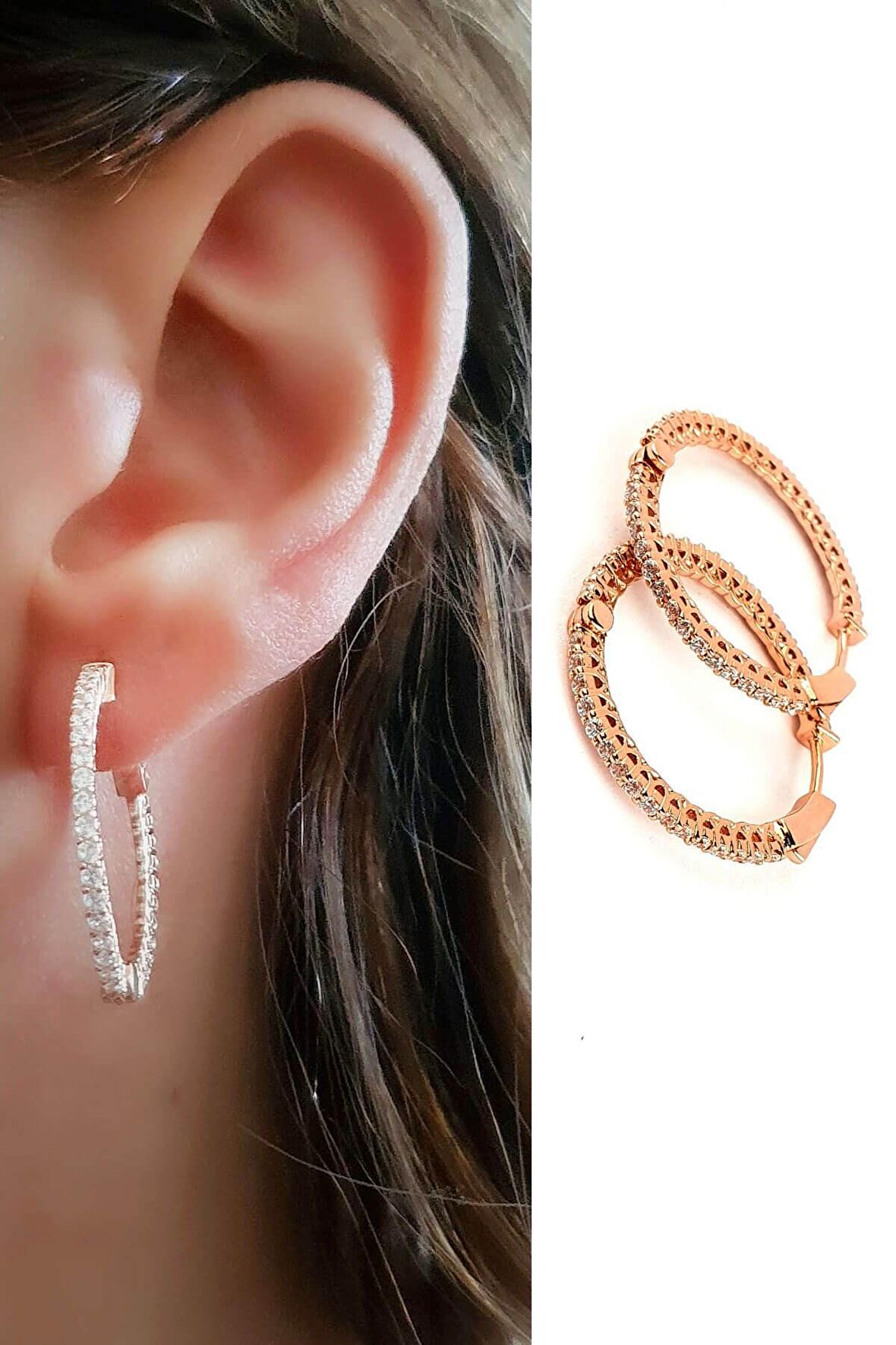 Arkası Önü Zirkon Taş Detaylı 925 ayar Gümüş Rose Halka Küpe 