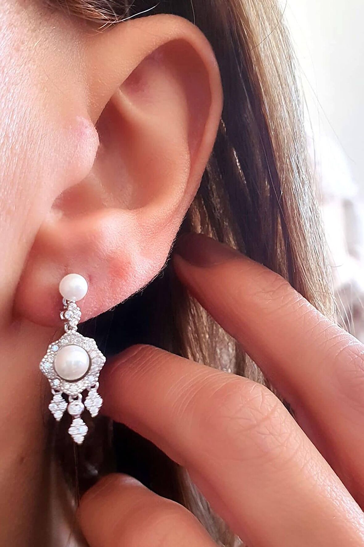 Pırlanta Işıltısında Zirkon Taşlı 925ayar Gümüş İncili Küpe