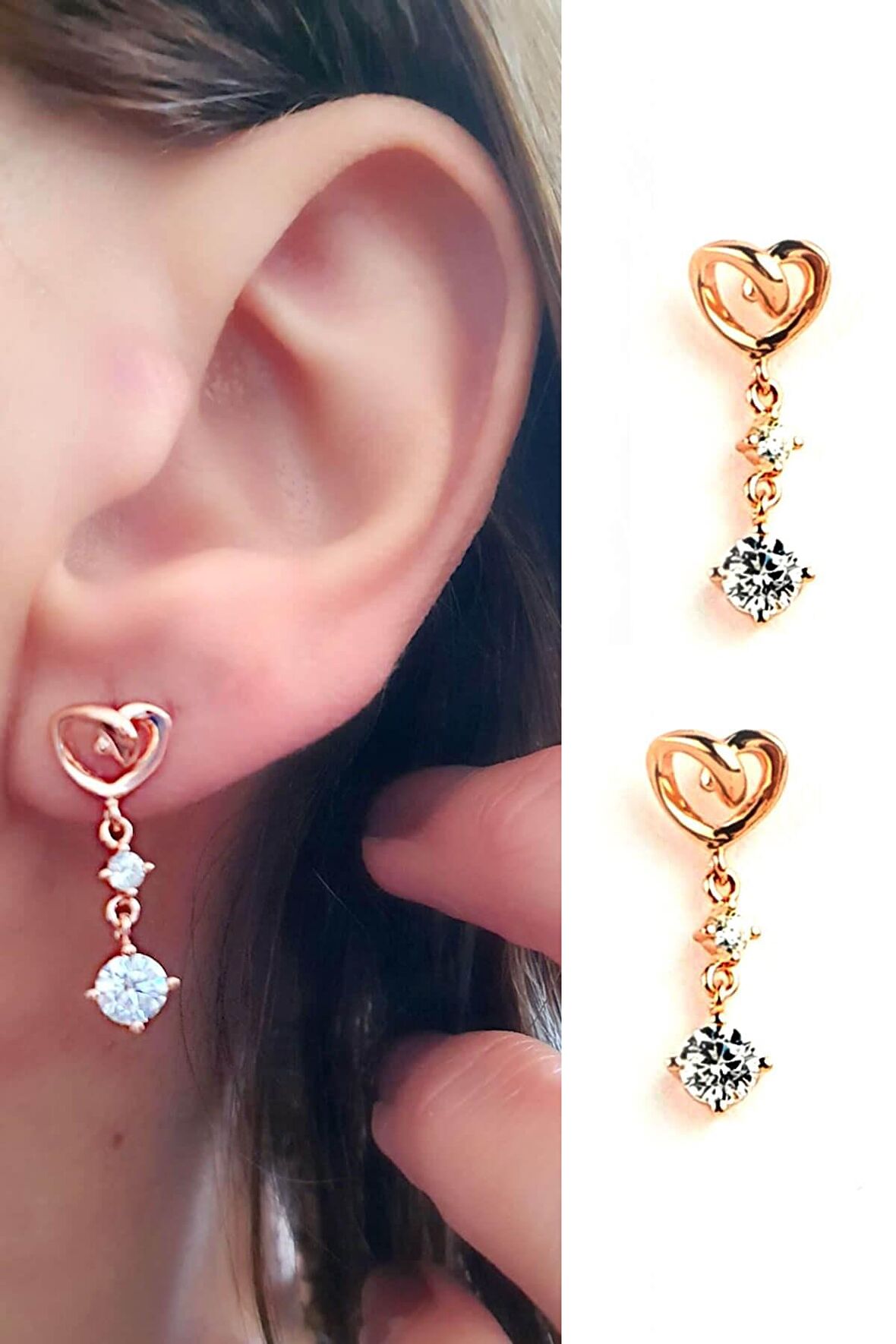 Pırlanta parlaklığında Zirkon Taşlı 925ayar Gümüş Rose Altın Kaplama Kalp Figürlü Küpe 