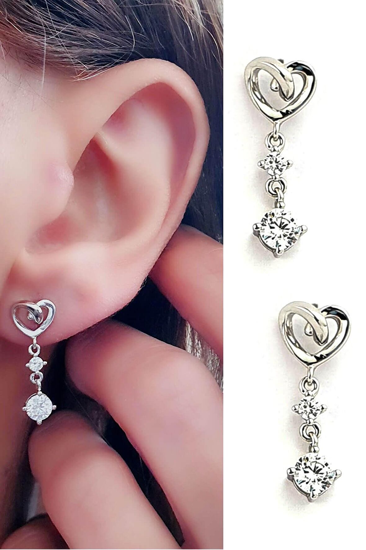 Pırlanta parlaklığında Zirkon Taşlı 925ayar Gümüş Kalp Figürlü Küpe