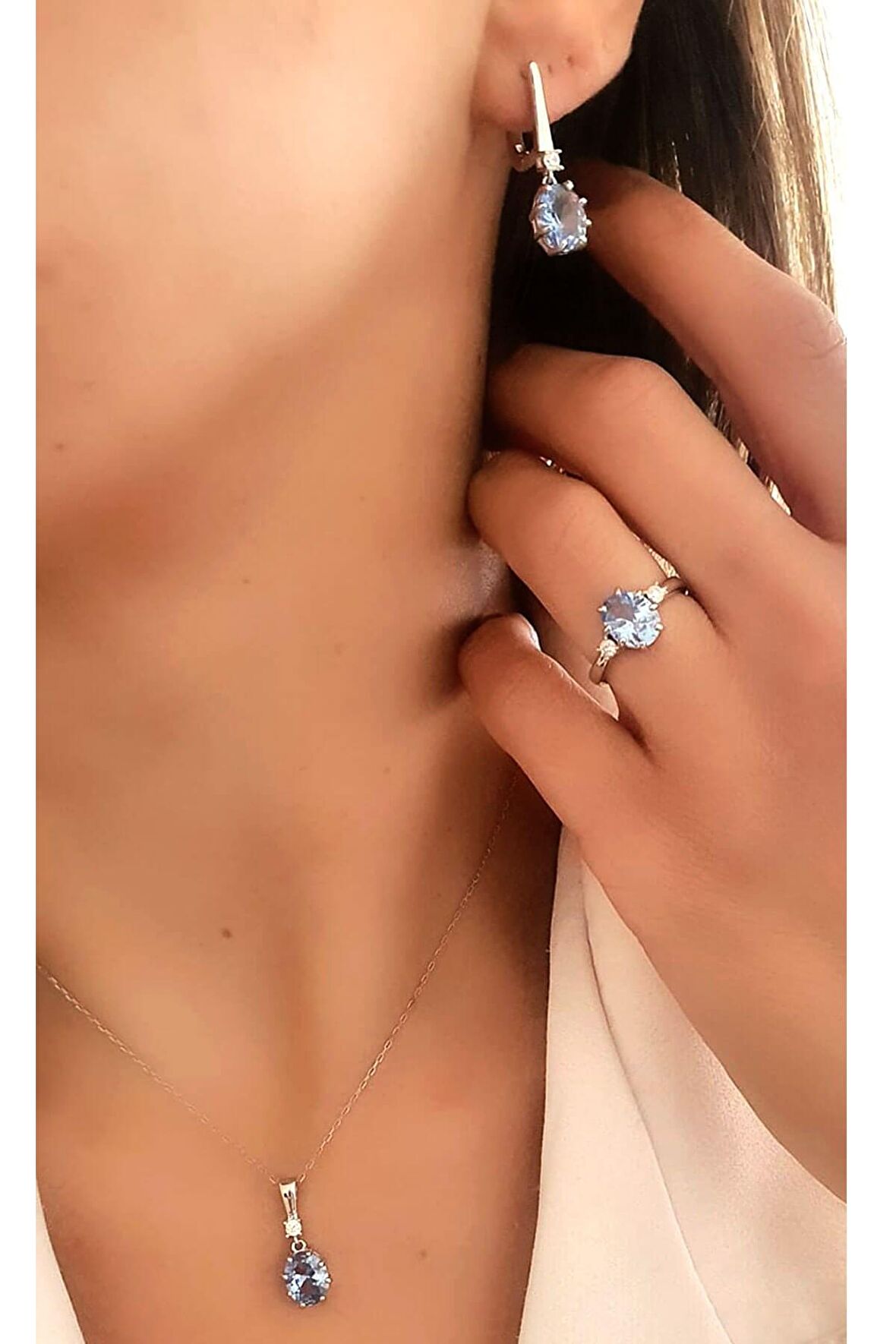 Sky Diamond Blue Creative Sapphire 925ayar Gümüş Lüks Set Takım yüzük 