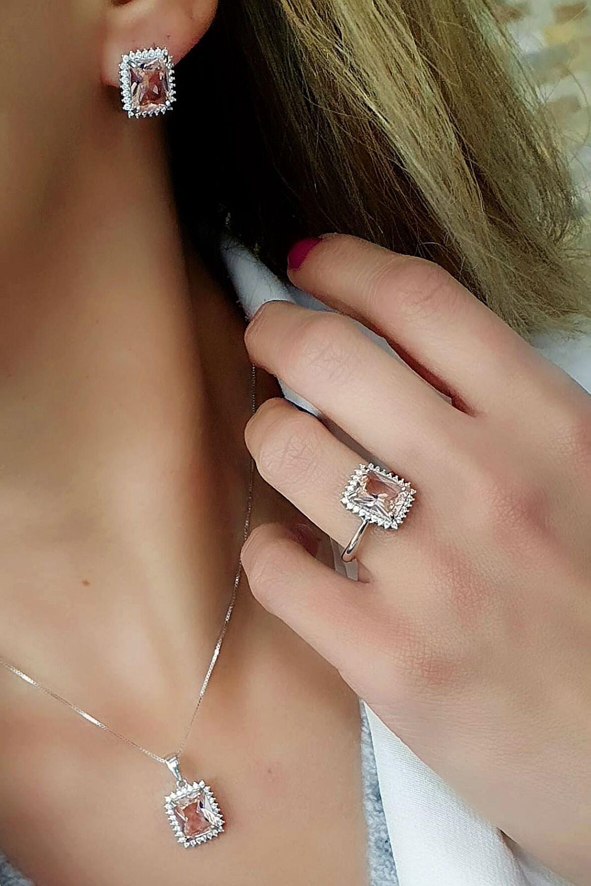 Sky Diamond Pink Morganit Taşlı 925 ayar Gümüş Lüks Set Takım 