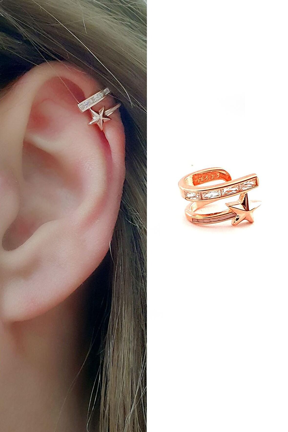 Baget Zirkon Taş Detaylı 925ayar Gümüş Rose Trend Sıkıştırmalı Earcuff Kıkırdak Küpesi 