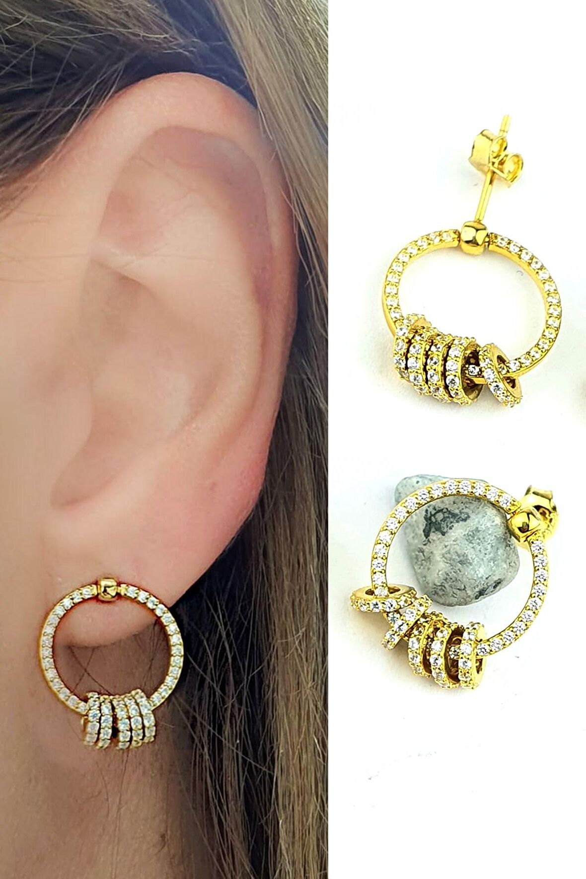 Pırlanta Işıltısında Zirkon Taşlı 925ayar Gümüş Üzerine Altın Kaplama İtalyan Trend Küpe