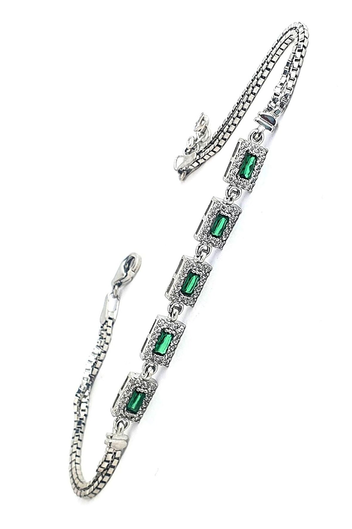 Yeşil Baget Zirkon Taşlı 925ayar Gümüş Bileklik