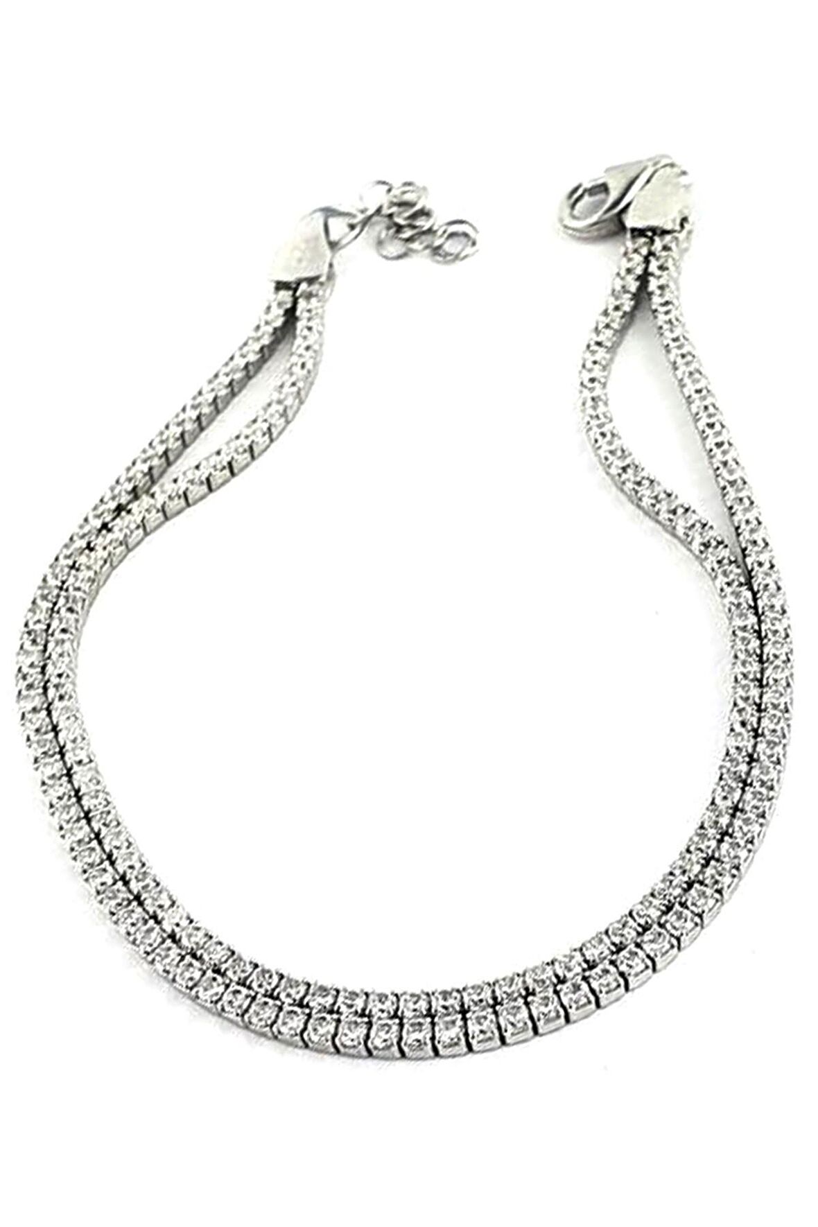 Pırlanta parlaklığında Zirkon Taşlı 925ayar Gümüş Çift Sıra Su Yolu Bileklik