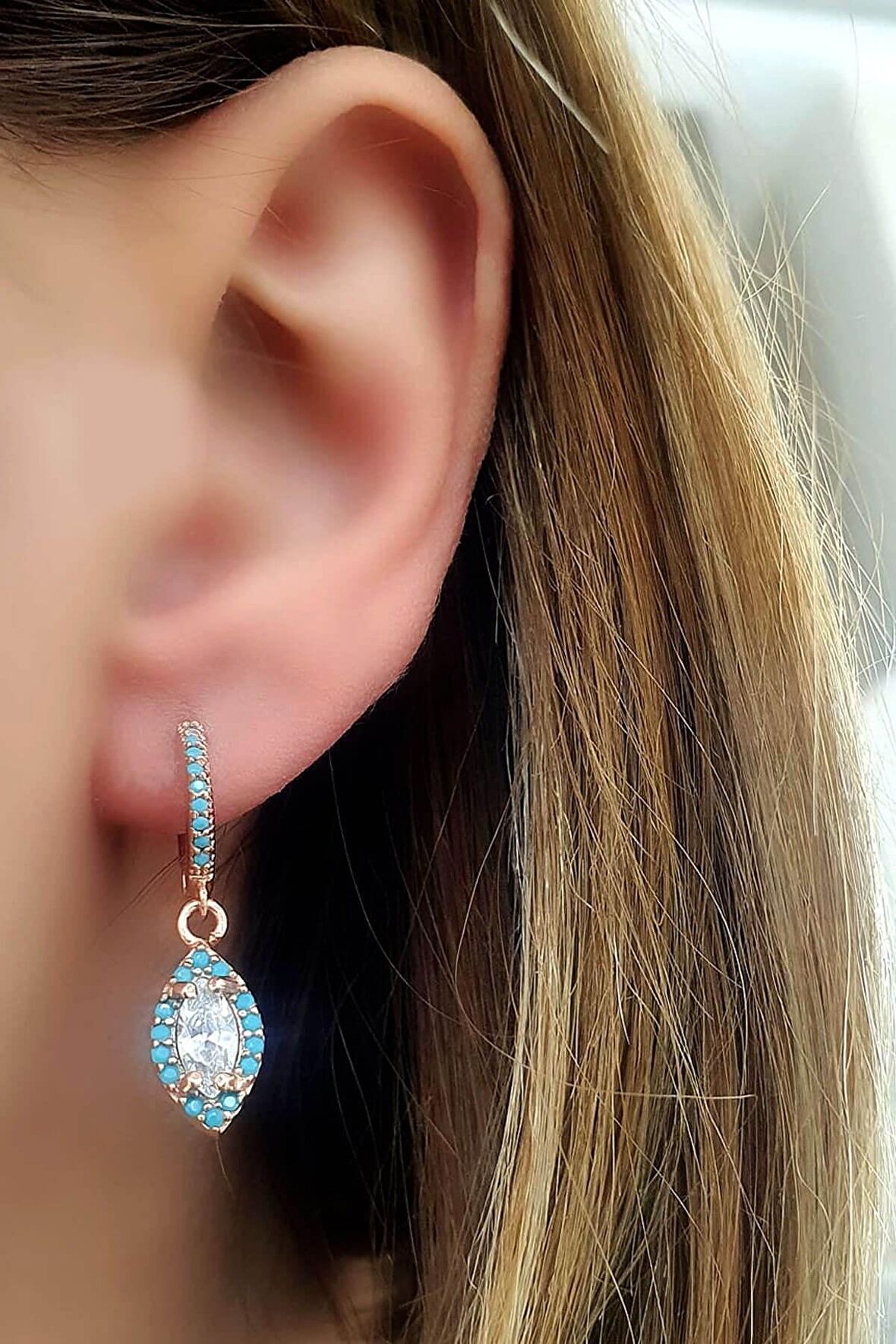 Turkuaz taşlı 925 ayar gümüş rose damla küpe