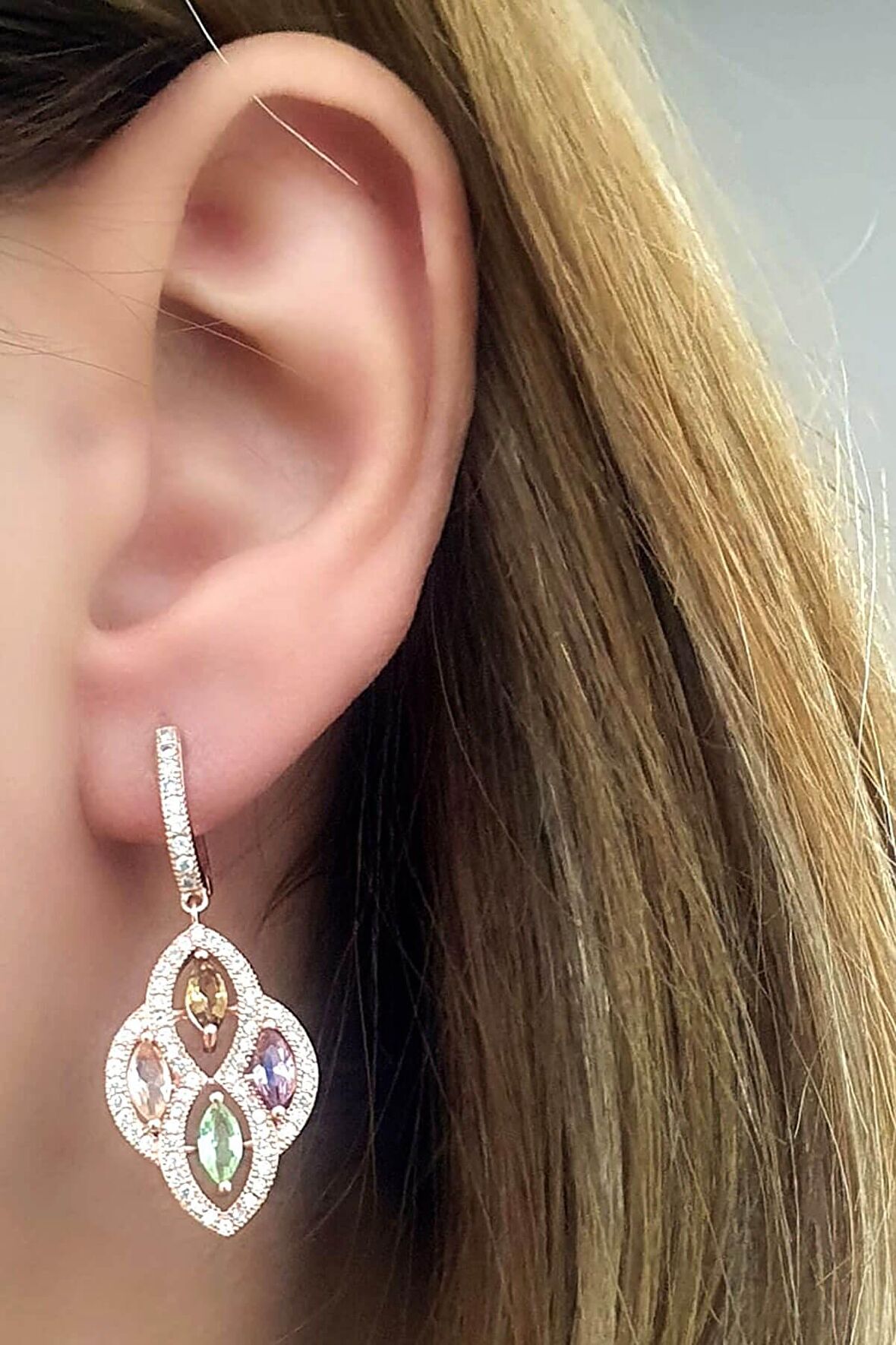Sitrin Dumanlı kuvars peridot Ametist taşlı 925 ayar gümüş rose lüks küpe
