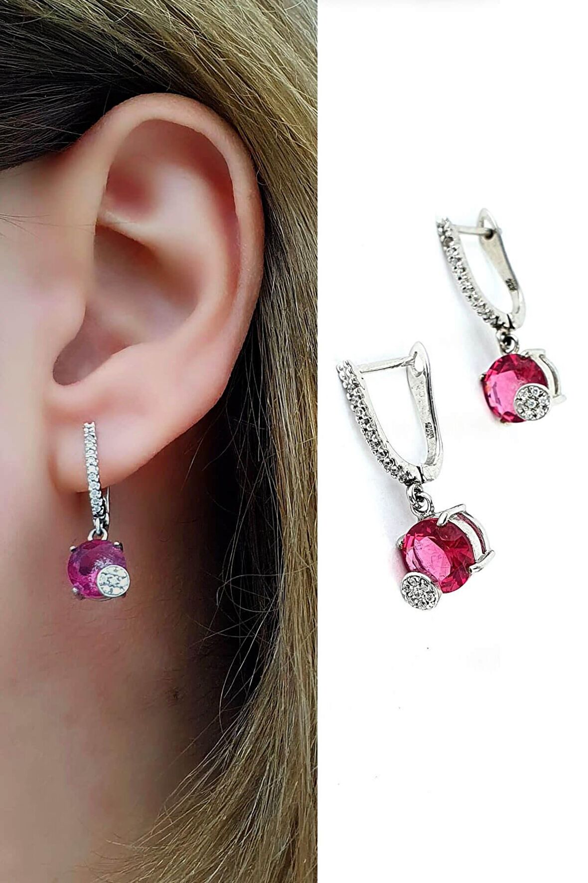 Pembe Zirkon Taşlı 925 ayar Gümüş Trend Küpe