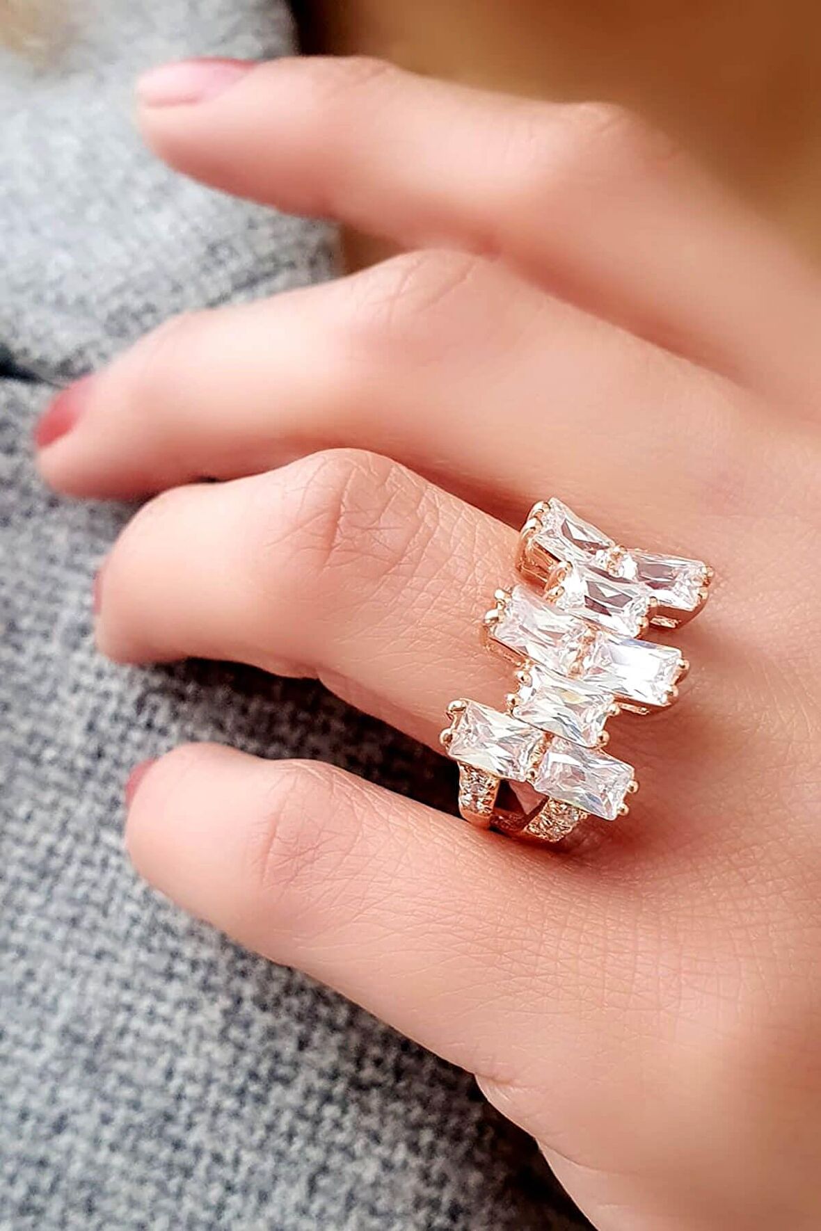 Baget Zirkon Taşlı 925ayar Gümüş Rose Altın Kaplama Tasarım Yüzük