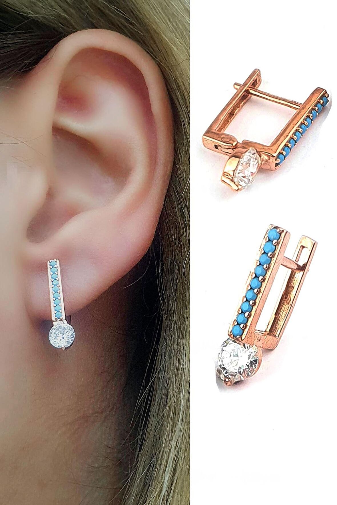 Turkuaz Taşlı Tek Taş Detaylı 925 ayar Gümüş Rose Küpe 