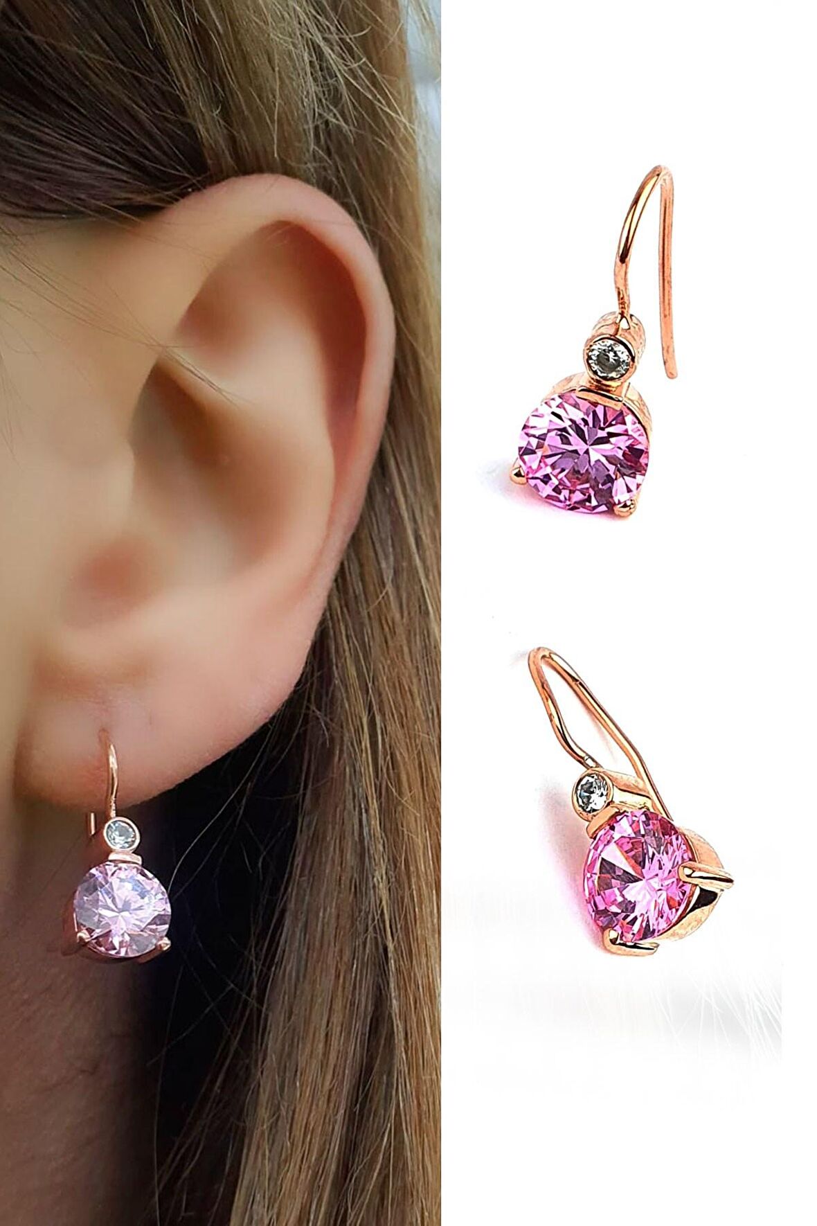 Pembe Zirkon Taşlı 925 ayar Gümüş Rose Küpe 