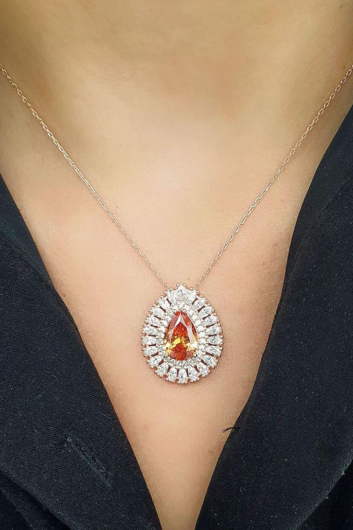 Zirkon ve Sitrin Taş Detaylı 925 ayar Gümüş Rose Kolye