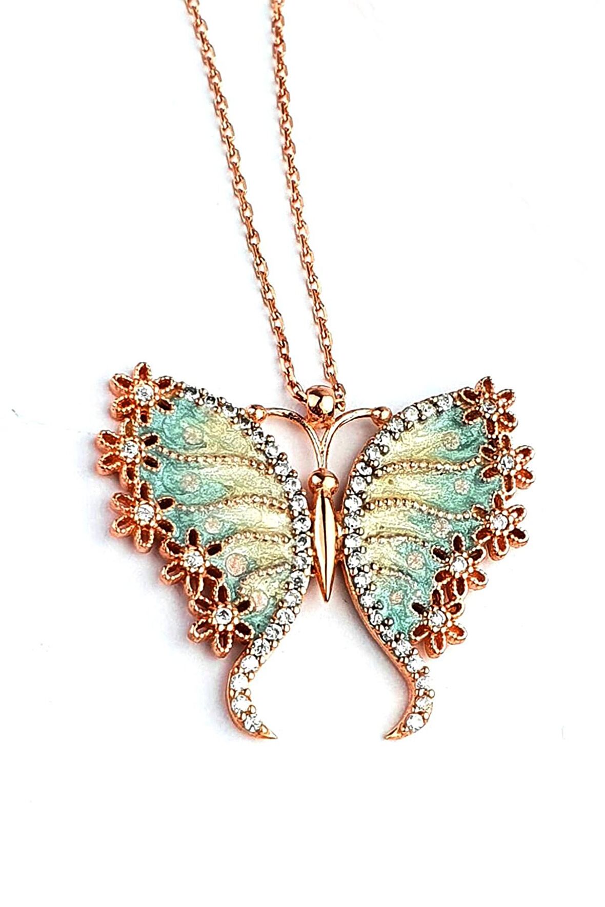 Mine İşçiliği Zirkon Taşlı 925 ayar Gümüş Rose Kelebek Kolye