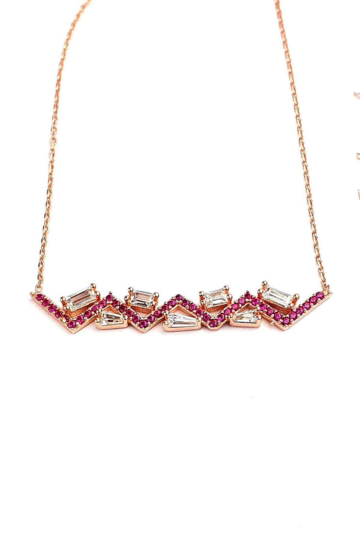 Pembe Zirkon ve Baget Taşlı 925 ayar Gümüş Rose Kolye