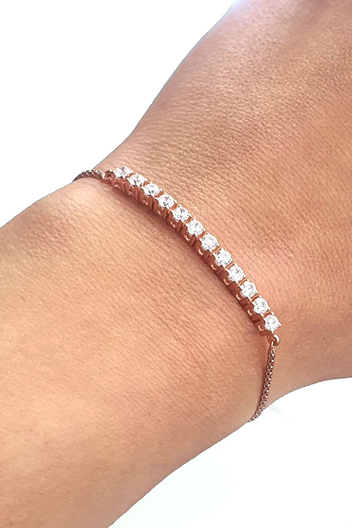 zirkon Taşlı 925ayar Gümüş Rose Tasarım Asansörlü Ayarlanabilir Bileklik