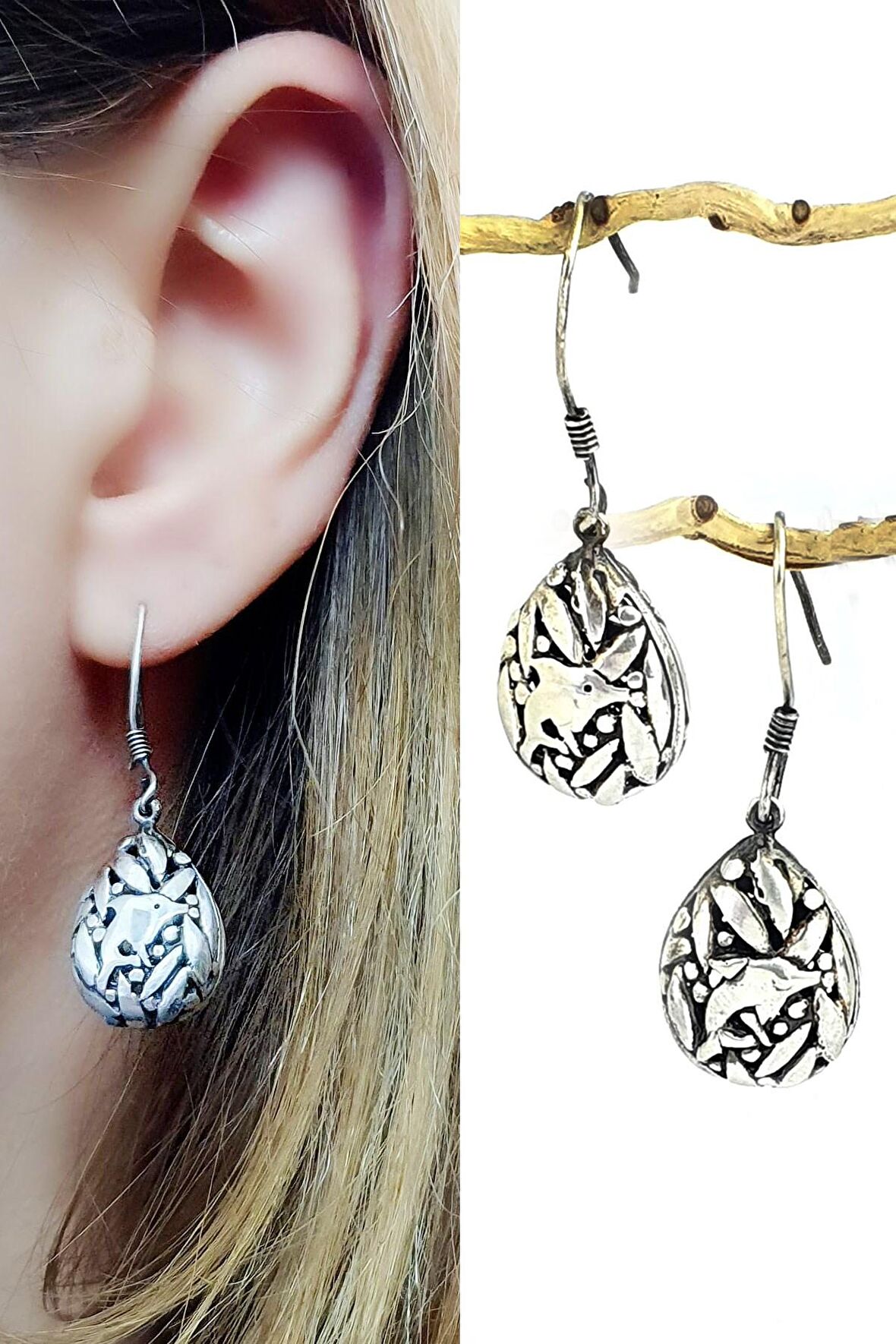 Yunus Figürlü 925 ayar Gümüş Damla Küpe