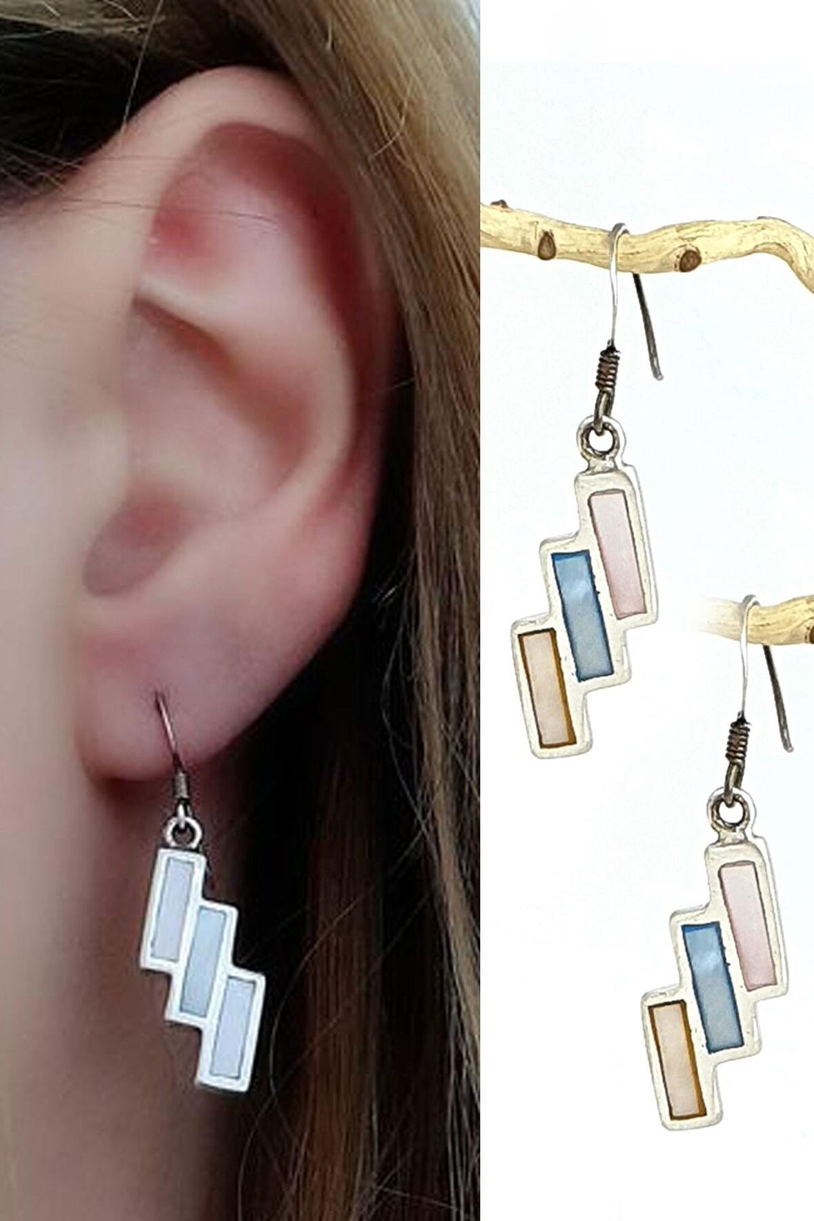 Renkli Sedef Taşlı 925 ayar Gümüş Tasarım Küpe