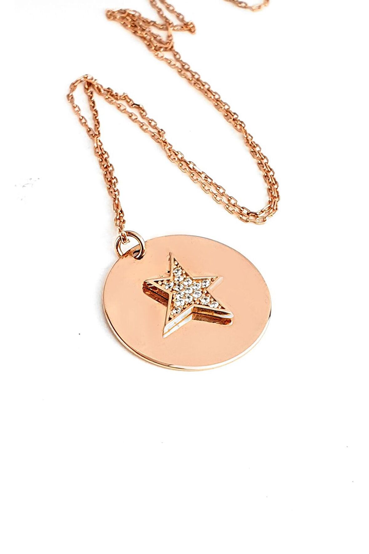 Zirkon Taş Detaylı 925 ayar Gümüş Rose Plaka Kolye 