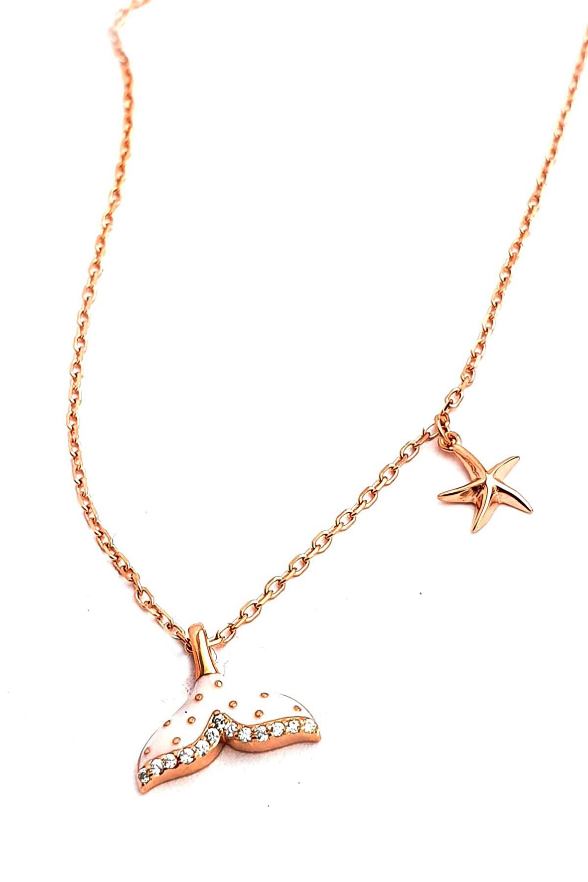 Mineli balık Kuyruğu ve Deniz Yıldızı Figürlü 925ayar Gümüş Rose Tasarım Kolye 