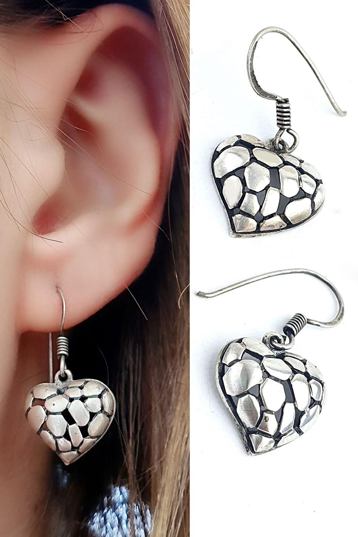 925 ayar Gümüş Kalp Bohem Küpe 